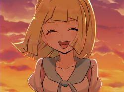 Rule 34 | 1girl, :d, blonde hair, closed eyes, cloud, collarbone, commentary, creatures (company), eyelashes, floating hair, game freak, highres, lillie (pokemon), nintendo, open mouth, outdoors, pokemon, pokemon sm, sky, smile, solo, teeth, tongue, twilight, upper body, watta02614129, |d