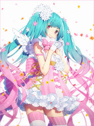 Rule 34 | 1girl, aqua hair, bare shoulders, blush, bow, closed mouth, commentary, dress, feathered wings, flower, gloves, gradient hair, hair flower, hair ornament, hakusai (tiahszld), half gloves, hands up, hatsune miku, long hair, mini wings, multicolored hair, pink bow, pink dress, pink eyes, pink flower, pink hair, red flower, revision, short dress, simple background, sleeveless, sleeveless dress, smile, solo, striped, striped bow, symbol-only commentary, thighhighs, twintails, vertical stripes, very long hair, vocaloid, white background, white flower, white gloves, white thighhighs, white wings, wings
