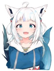 Rule 34 | 1girl, absurdres, ahoge, animal ear fluff, animal ears, animal hood, blue eyes, blue hoodie, collarbone, commentary request, fangs, fins, fish tail, fox ears, fox girl, fusion, gawr gura, gawr gura (1st costume), hair ornament, highres, hololive, hololive english, hood, hoodie, looking at viewer, multiple tails, open mouth, shark hair ornament, shark hood, shark tail, shirakami fubuki, simple background, sketch, solo, suzu coconatu, tail, upper body, virtual youtuber, white background, white hair