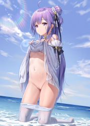 Rule 34 | 1girl, :o, ahoge, artist name, azur lane, breasts, cleft of venus, clothes lift, clothes pull, cloud, cloudy sky, commentary request, day, dress, dress lift, earrings, hair between eyes, hair bun, hair ornament, haneru, highres, jewelry, lifted by self, light rays, long hair, looking at viewer, navel, nipples, ocean, pantyhose, pantyhose pull, purple dress, purple eyes, purple hair, pussy, sidelocks, single hair bun, sky, small breasts, solo, stomach, uncensored, unicorn (a dream of pure vows) (azur lane), unicorn (azur lane), wading, wet, white pantyhose