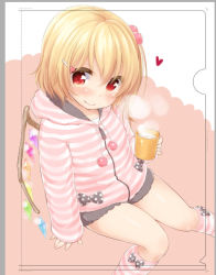 Rule 34 | 1girl, alternate costume, blonde hair, blush, bow, cropped, cup, female focus, flandre scarlet, hair bobbles, hair ornament, hairclip, heart, hood, hoodie, looking at viewer, mug, no headwear, pink background, polka dot, polka dot bow, red eyes, short hair, simple background, smile, solo, steam, sweater, touhou, wings, yukiu con
