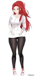 Rule 34 | 1girl, absurdres, blush, breasts, forehead, highres, hood, large breasts, leggings, long hair, long sleeves, looking at viewer, mature female, original, smile, solo, thick thighs, thighs, white background, yissou art
