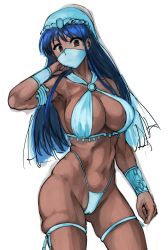 Rule 34 | 1girl, ankoku d, arabian clothes, arabian moon, armband, blue hair, bracelet, breasts, brown eyes, cameltoe, cleavage, cleft of venus, dark-skinned female, dark skin, hat, highres, irem, jewelry, long hair, mask, muffin top, panties, perfect soldiers, thick thighs, thigh bands, thighs, thong, underwear