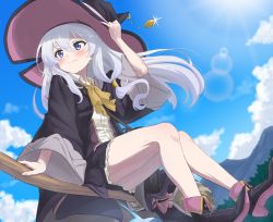 Rule 34 | 1girl, black footwear, black hat, blue eyes, blue sky, blush, broom, broom riding, closed mouth, cloud, commentary request, day, elaina (majo no tabitabi), hair between eyes, hat, highres, legs, light rays, long hair, long sleeves, majo no tabitabi, outdoors, ribbon, shoes, sincos, sky, smile, solo, sunbeam, sunlight, thighs, white hair, witch hat, yellow neckwear, yellow ribbon