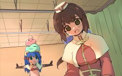 Rule 34 | 2girls, :3, acolyte (ragnarok online), animal ears, bikini, bikini top only, biretta, blue bow, blue eyes, blue hair, bow, breasts, brown bikini, brown gloves, brown hair, brown shirt, capelet, ceiling, commentary request, curtains, elbow gloves, emurin, flat chest, gloves, green eyes, hair bow, highres, indoors, long hair, long sleeves, low ponytail, mage (ragnarok online), medium bangs, medium breasts, meme, metal gear (series), metal gear solid v: the phantom pain, monkey ears, multiple girls, nine years in a coma (meme), open mouth, poporing, poring, ragnarok online, shirt, slime (creature), smile, swimsuit, t-pose, tile ceiling, tiles, upper body, white capelet, white headwear