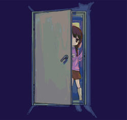 Rule 34 | 1girl, braid, door, doorway, madotsuki, nyanpoko (nyanpoko), pink shirt, shirt, skirt, solo, yume nikki
