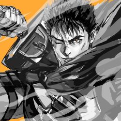 Rule 34 | 1boy, berserk, commentary, commission, dragonslayer (sword), english commentary, greyscale, greyscale with colored background, guts (berserk), holding, holding sword, holding weapon, lips, looking at viewer, male focus, monochrome, one eye closed, orange background, orange eyes, over shoulder, parted lips, scar, scar on face, scar on nose, serious, short hair, simple background, sketch, solo, spot color, sword, thick eyebrows, upper body, weapon, weapon over shoulder, zzyzzyy