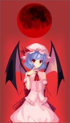 Rule 34 | cellphone photo, cowboy shot, dress, finicaltub, gradient background, hat, highres, mob cap, moon, no lineart, non-web source, pink dress, red background, reference work, remilia scarlet, self-upload, solo, touhou, vampire, wings