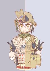 Rule 34 | 1girl, ammunition pouch, blush stickers, body armor, brown eyes, camouflage, comparison, double v, headset, helmet, load bearing vest, looking at viewer, magazine (weapon), military, night-vision device, nightmaremk2, original, pouch, radio, scarf, solo, upper body, v, wide field of view device