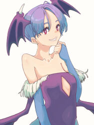 Rule 34 | 1girl, bare shoulders, bat wings, breasts, bridal gauntlets, clothing cutout, commentary, grin, head wings, highres, leotard, lilith aensland, ooiwa (irc14786149), pantyhose, purple hair, red eyes, red leotard, short hair, small breasts, smile, solo, vampire (game), white background, wings