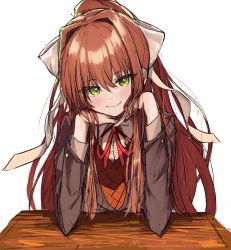 Rule 34 | 1girl, b4 (yonten), blazer, blush, brown hair, brown jacket, closed mouth, desk, doki doki literature club, green eyes, hands on own chin, highres, jacket, long hair, long sleeves, looking at viewer, monika (doki doki literature club), neck ribbon, ponytail, red ribbon, ribbon, school desk, simple background, sketch, smile, solo, upper body, very long hair, white background