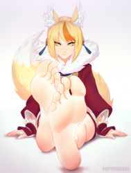 Rule 34 | 1girl, animal ears, barefoot, blonde hair, feet, fire emblem, fire emblem fates, foot focus, fox ears, fox tail, streaked hair, looking at viewer, multicolored hair, nintendo, pov, puffypinkpaws, selkie (fire emblem), smile, soles, tail, toes, yellow eyes