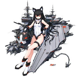 Rule 34 | 1girl, anchor, animal ear fluff, animal ears, azur lane, bare shoulders, black gloves, black hair, boots, borrowed character, cannon, cat ears, chain, closed mouth, covered navel, crossed legs, fingerless gloves, flight deck, full body, gloves, hair between eyes, highres, long hair, looking at viewer, machinery, one-piece swimsuit, red eyes, shadow, shibanme tekikumo, simple background, solo, swimsuit, thigh strap, turret, very long hair, white background, white footwear, white one-piece swimsuit, xingye (xing)