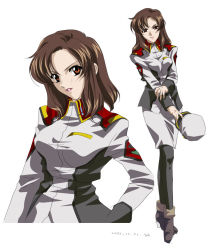Rule 34 | &gt;:d, 00s, 1girl, :d, ankle boots, blush, boots, brown eyes, brown footwear, brown hair, captain uniform, full body, gundam, gundam seed, hand on own hip, head tilt, long sleeves, multiple views, murrue ramius, open mouth, pantyhose, pencil skirt, serious, simple background, skirt, smile, standing, teeth, uniform, upper body, v-shaped eyebrows, white background