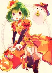Rule 34 | 1girl, boots, braid, cowboy shot, crown braid, flower knight girl, food-themed clothes, food-themed hair ornament, ghost, green hair, hair ornament, hat, houzuki michiru, jack-o&#039;-lantern, knee boots, layered sleeves, looking at viewer, orange footwear, orange skirt, panties, pepo (flower knight girl), pumpkin hair ornament, red eyes, short hair, skirt, smile, solo, thigh strap, thighhighs, thighhighs under boots, underwear, witch hat, yellow panties
