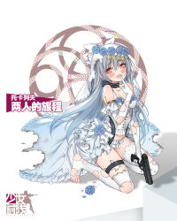 Rule 34 | blue flower, blue rose, blush, brown eyes, character name, copyright name, corset, dress, elbow gloves, feet, finger to mouth, flower, full body, girls&#039; frontline, gloves, grey hair, gun, haijin, handgun, highres, holding, holding gun, holding weapon, index finger raised, kneeling, lace, lace-trimmed legwear, lace trim, long hair, official alternate costume, official art, open mouth, panties, petals, pistol, rose, simple background, smile, solo, thigh strap, thighhighs, thighs, toes, tokarev (a couple&#039;s journey) (girls&#039; frontline), tokarev (girls&#039; frontline), torn clothes, torn dress, torn gloves, torn thighhighs, trigger discipline, underwear, veil, weapon, white background, white gloves, white panties, white thighhighs