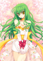 Rule 34 | 1girl, bare shoulders, bdsm, bed, blush, bondage, bound, breasts, c.c., cleavage, code geass, creayus, dress, elbow gloves, embarrassed, food, gift, gloves, green hair, highres, holding, holding gift, long hair, lying, medium breasts, petals, pocky, ribbon, ribbon bondage, serious, shy, solo, strapless, strapless dress, sweat, yellow eyes