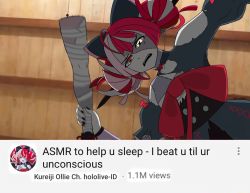 Rule 34 | 1girl, asmr, black nails, ch@osyukari, commentary, english commentary, english text, heterochromia, highres, holding leg, hololive, hololive indonesia, kureiji ollie, multicolored hair, nail polish, parody, parted lips, patchwork skin, pink hair, red hair, stitches, teeth, upper teeth only, virtual youtuber, white hair, zombie