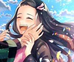 Rule 34 | 1girl, :d, black hair, blue sky, brown hair, cloud, closed eyes, floating hair, hair ribbon, hand on another&#039;s cheek, hand on another&#039;s face, haori, japanese clothes, kamado nezuko, kimetsu no yaiba, kimono, long hair, long sleeves, mady (madine08260), multicolored hair, open mouth, pink kimono, pink ribbon, ribbon, sky, smile, solo, solo focus, two-tone hair, upper body, very long hair