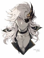 Rule 34 | 1boy, black choker, black eyes, choker, closed mouth, dated, eyepatch, grey hair, half-closed eyes, highres, horns, loladestiny, long hair, male focus, original, portrait, shirt, signature, simple background, smile, solo, upper body, white background