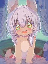 Rule 34 | 1other, absurdres, animal ears, blush, brown fur, commentary request, furry, highres, looking at viewer, made in abyss, medium hair, nanachi (made in abyss), no headwear, open mouth, sekaineko 001, smile, solo, tareme, upper body, whiskers, white hair, yellow eyes