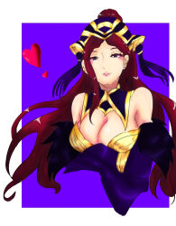 Rule 34 | 1girl, arms under breasts, bare shoulders, blush, braid, braided ponytail, breasts, cleavage, crossed arms, detached sleeves, earrings, feather trim, feathers, fire emblem, fire emblem heroes, hair ornament, hat, heart, highres, jewelry, large breasts, lips, loki (fire emblem), long hair, looking at viewer, mature female, natue6, nintendo, open mouth, purple eyes, simple background, sketch, smile, solo, upper body