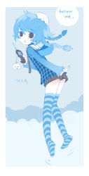 Rule 34 | bad id, bad pixiv id, blue hair, braid, cellphone, cellphone charm, cellphone strap, charm (object), english text, highres, long hair, looking back, phone, solo, striped clothes, striped thighhighs, thighhighs, tiv, twin braids, twintails, twit-tan, twitter, wings