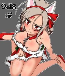 Rule 34 | 1girl, angry, animal ears, breasts, chain, choker, cleavage, dungeon and fighter, facial mark, forehead mark, grey hair, headband, high heels, large breasts, looking up, red eyes, santa costume, seria kirmin, sitting, sss (komojinos3), thighs