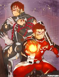 Rule 34 | 2boys, akashi (alter) (live a hero), akashi (live a hero), bara, baseball, baseball bat, black bodysuit, blood, bodysuit, bulge, dual persona, embers, facial hair, feet out of frame, fire, frown, goatee, goggles, highres, injury, large pectorals, live a hero, long sideburns, looking at viewer, male focus, multiple boys, muscular, muscular male, pectorals, pyrokinesis, red bodysuit, red eyes, red hair, scar, scar on face, scar on nose, short hair, sideburns, sidepec, squatting, thick eyebrows, thick thighs, thighs, torn bodysuit, torn clothes, tunataro (27taro1)