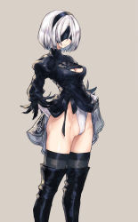 Rule 34 | 1girl, 2b (nier:automata), arm behind back, black dress, black thighhighs, blindfold, boots, breasts, cameltoe, cleavage, cleavage cutout, clothes lift, clothing cutout, covered eyes, dress, dress lift, feather-trimmed sleeves, grey background, groin, hairband, highres, jiyu2, leotard, leotard under clothes, medium breasts, mole, mole under mouth, nier:automata, nier (series), silver hair, simple background, skirt, skirt lift, solo, standing, thigh boots, thighhighs, thighhighs under boots, thighs, turtleneck, turtleneck dress