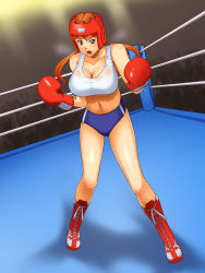 Rule 34 | 1girl, boots, boxing, boxing gloves, boxing headgear, boxing ring, breasts, brown eyes, brown hair, buruma, cleavage, cross-laced footwear, highres, kawanuma uotsuri, large breasts, midriff, navel, open mouth, original, solo, sports bra, sweat, twintails