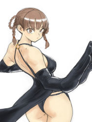 Rule 34 | 1girl, ass, back, bare shoulders, black gloves, brown eyes, brown hair, dead or alive, dress, elbow gloves, gloves, highres, lei fang, long glove, long hair, sleeveless, toshinoshin