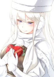 Rule 34 | 1girl, azur lane, bell, blush, box, breasts, coat, commentary request, earmuffs, enterprise (azur lane), enterprise (reindeer master) (azur lane), gift, gift box, gloves, hat, heart-shaped box, highres, holding, holding gift, long hair, looking down, pom pom (clothes), purple eyes, scarf, silver hair, smile, solo, takatun223, underbust, upper body, white coat, white gloves, white hat, winter clothes, winter coat