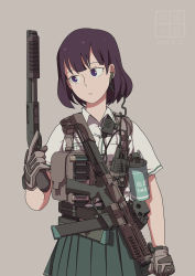 Rule 34 | 1girl, chinese commentary, commentary request, dated, earpiece, etmc1992, gloves, gun, highres, holding, holding gun, holding weapon, load bearing vest, original, pump action, purple eyes, purple hair, remington 870, sawed-off shotgun, school uniform, shotgun, simple background, solo, weapon, weapon request