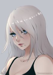 Rule 34 | 1girl, bare shoulders, black shirt, blue eyes, breasts, character name, cleavage, closed mouth, collarbone, deviantart username, eyelashes, hair between eyes, howlingneko, lips, long hair, medium breasts, mole, mole under mouth, nier (series), nier:automata, nose, pink lips, portrait, shirt, silver hair, sleeveless, solo, sword, tank top, upper body, weapon, a2 (nier:automata)