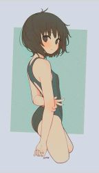 Rule 34 | 1girl, absurdres, amagami, arms behind back, black eyes, black hair, black one-piece swimsuit, bob cut, breasts, competition swimsuit, cowboy shot, cropped legs, highres, looking at viewer, nanasaki ai, one-piece swimsuit, rabiyamarabi, short hair, small breasts, solo, swimsuit, two-tone swimsuit, v