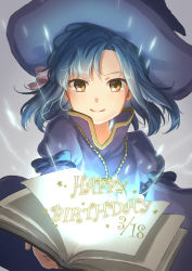Rule 34 | 1girl, blue hair, book, closed mouth, happy, happy birthday, hat, hirose yuki, idolmaster, idolmaster million live!, idolmaster million live! theater days, looking at viewer, nanao yuriko, open book, short hair, smile, solo, witch hat, yellow eyes