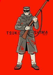 Rule 34 | 1boy, blood, blood on clothes, blood on face, bolt action, character name, closed mouth, coat, facial hair, goatee, golden kamuy, grey coat, gun, gun sling, hat, hatching (texture), highres, holding, holding gun, holding weapon, linear hatching, long sleeves, looking at viewer, male focus, military hat, military uniform, red background, rifle, serious, shako cap, simple background, solo, straight-on, tege (tege xxx), tsukishima hajime, twitter username, uniform, weapon