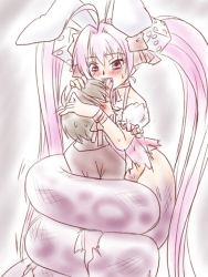 Rule 34 | 1boy, 1girl, animal ears, blush, coiled, detached sleeves, di gi charat, dice, dress, fang, fangs, femdom, frilled sleeves, frills, grey background, hair between eyes, hair ornament, hetero, lamia, licking, long hair, monster girl, open mouth, painting (medium), pink eyes, pink hair, rabbit ears, scales, shirt, snake, snake bondage, solo, supon, tongue, tongue out, torn clothes, traditional media, twintails, usada hikaru, watercolor (medium)
