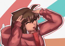 Rule 34 | 1girl, ah eto... bleh (meme), ahoge, brown hair, closed eyes, commentary, forked tongue, hands on own head, highres, long sleeves, meme, multicolored background, original, sailant, scarf, solo, taiho shichauzo, tongue, tongue out, upper body, vipez (sailant)