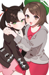 Rule 34 | 2girls, :d, asymmetrical bangs, bad id, bad pixiv id, black choker, blush, bob cut, brown eyes, brown hair, buttons, cable knit, cardigan, choker, collarbone, collared dress, commentary request, creatures (company), dress, game freak, gloria (pokemon), green eyes, green headwear, grey cardigan, hair ribbon, hat, hooded cardigan, jacket, long sleeves, looking at viewer, marnie (pokemon), multiple girls, nintendo, okuro zmzm, open clothes, open jacket, open mouth, pink dress, pokemon, pokemon swsh, ribbon, short hair, smile, tam o&#039; shanter, tongue
