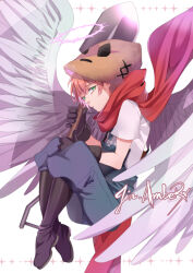 Rule 34 | 1boy, angel wings, artist name, bag over head, black footwear, black gloves, blue overalls, boots, closed mouth, eddie (satsuriku no tenshi), expressionless, freckles, full body, gloves, green eyes, hair between eyes, halo, holding, holding shovel, jin amber, knees to chest, looking at viewer, male focus, orange hair, overalls, red scarf, satsuriku no tenshi, scarf, shirt, short hair, short sleeves, shovel, sideways glance, simple background, solo, sparkle background, white background, white shirt, white wings, wings