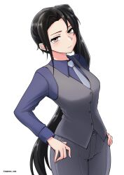 Rule 34 | 1girl, absurdly long hair, alternate costume, black hair, blue shirt, breasts, brown eyes, cypress, grey necktie, grey pants, grey vest, kantai collection, long hair, long sleeves, medium breasts, nachi (kancolle), necktie, pants, shirt, side ponytail, smile, solo, very long hair, vest, white background