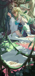 Rule 34 | 1girl, absurdres, animal, animal hug, antlers, backless dress, backless outfit, blue skirt, branch, ceres fauna, dress, earrings, falling leaves, flower, forest, full body, gradient hair, green flower, green hair, hair bun, hair flower, hair ornament, highres, hololive, hololive english, horns, hug, jewelry, lanzen wu, leaf, long hair, long sleeves, looking to the side, multicolored hair, nature, no shoes, plant, qilin (mythology), single hair bun, single thighhigh, sitting, skirt, thighhighs, vines, virtual youtuber, white dress, white flower, white thighhighs, wide sleeves, yellow eyes