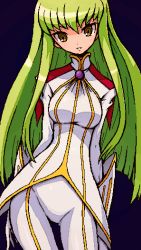 Rule 34 | 00s, 1girl, beret, bodysuit, breasts, brooch, brown eyes, c.c., code geass, collar, contrapposto, gem, gloves, green hair, hat, hip focus, jewelry, looking at viewer, shirono, skin tight, solo, standing, thigh gap, uniform, white gloves, wide hips