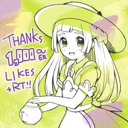 Rule 34 | 1girl, :d, blunt bangs, blush, braid, creatures (company), dress, eyelashes, from side, game freak, green background, green eyes, hat, highres, holding, holding teapot, kinocopro, lillie (pokemon), lillie (special costume) (pokemon), limited palette, long hair, looking at viewer, looking to the side, milestone celebration, nintendo, official alternate costume, open mouth, pokemon, pokemon masters ex, short sleeves, smile, solo, sun hat, teapot, teeth, thank you, upper teeth only