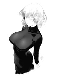 Rule 34 | 1girl, absurdres, arms behind back, ass, black dress, breasts, dress, from above, fubuki (one-punch man), highres, huge ass, large breasts, light smile, looking at viewer, monochrome, mostlybluewyatt, one-punch man, short hair, simple background, smile, solo, standing, upper body, v-shaped eyebrows, white background, white hair