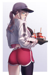 Rule 34 | 1girl, 3 small spiders, absurdres, aqua eyes, ar-57 (girls&#039; frontline), ass, black tank top, cowboy shot, crop top, cup, disposable cup, dolphin shorts, ear piercing, fast food, food, from behind, girls&#039; frontline, highres, holding, holding tray, jacket, long hair, looking at viewer, looking back, open clothes, open jacket, piercing, pink hair, pink shorts, short shorts, shorts, single thighhigh, standing, tank top, thighhighs, tray, white headwear, white jacket