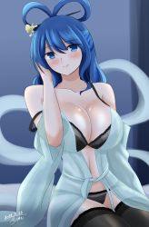 Rule 34 | 1girl, artist name, black bra, black thighhighs, blue eyes, blue hair, blush, bra, breasts, cleavage, closed mouth, dated, hair ornament, hair rings, hair stick, highres, hisin, kaku seiga, large breasts, long hair, looking at viewer, smile, solo, thighhighs, touhou, underwear