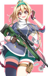 Rule 34 | 1girl, :d, belt, blonde hair, blush, bolt action, bow, breasts, brown gloves, cowboy shot, fingerless gloves, girls&#039; frontline, gloves, green bow, grey thighhighs, gun, hair between eyes, hair bow, hand up, headband, leg strap, looking at viewer, medium breasts, open mouth, outline, pink background, ponytail, red eyes, rifle, sayossa (pak-front), scarf, signature, simple background, single thighhigh, smile, sniper rifle, solo, standing, sv-98, sv-98 (girls&#039; frontline), thigh strap, thighhighs, trigger discipline, weapon, white outline, white scarf